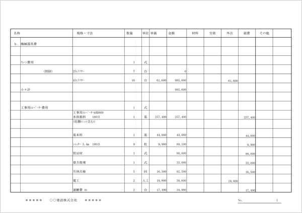 実行予算書作成システム「実行予算 Light」 実行予算書（明細）印刷帳票