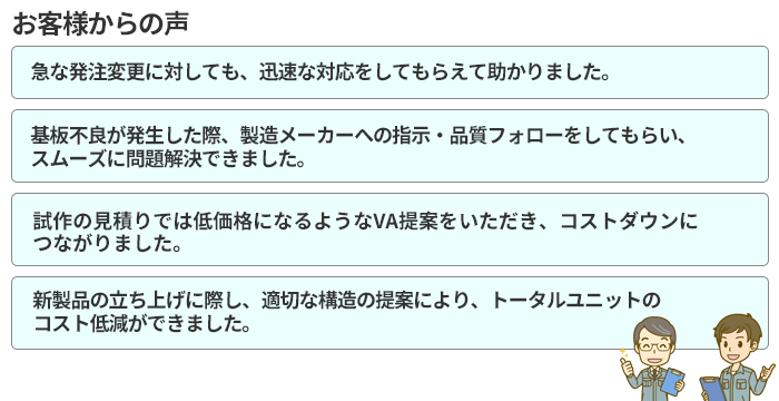 お客様からの声「急な発注変更に対しても、迅速な対応をしてもらえて助かりました。」「基板不良が発生した際、製造メーカーへの指示・品質フォローをしてもらい、スムーズに問題解決できました。」「試作の見積もりでは低価格になるようなVA提案をいただき、コストダウンにつながりました。」「新製品の立ち上げに際し、適切な構造の提案により、トータルユニットのコスト低減ができました。」